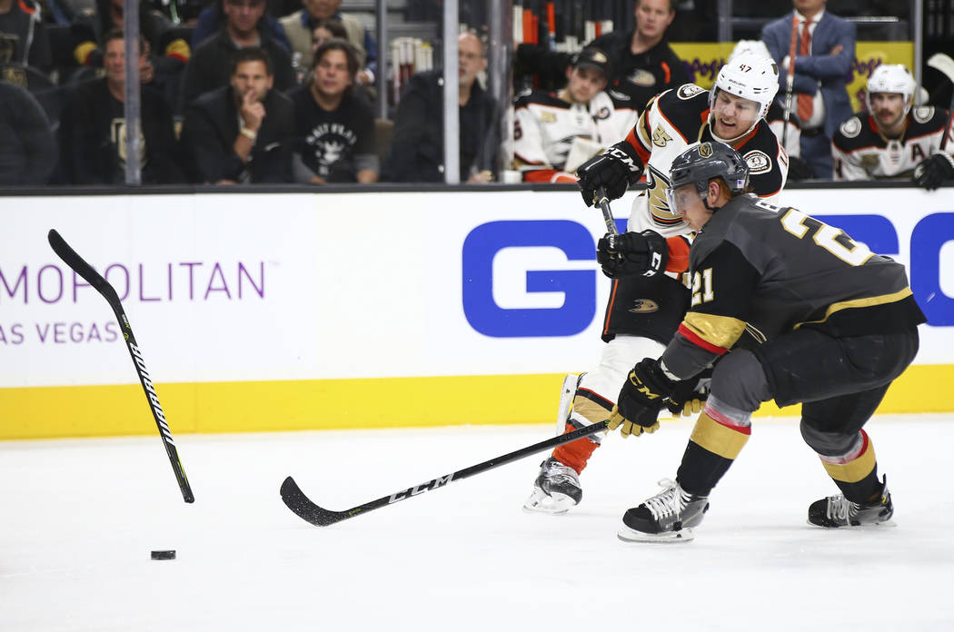 Anaheim Ducks defenseman Hampus Lindholm (47) loses control of his stick as it snaps in front of Golden Knights center Cody Eakin (21) during the second period of an NHL hockey game at T-Mobile Ar ...