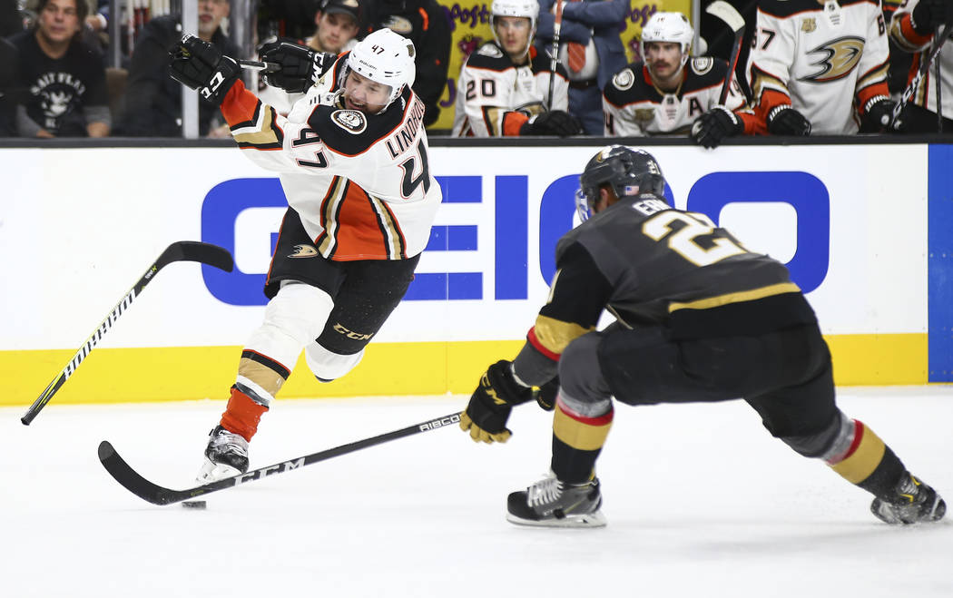 Anaheim Ducks defenseman Hampus Lindholm (47) loses control of his stick as it snaps in front of Golden Knights center Cody Eakin (21) during the second period of an NHL hockey game at T-Mobile Ar ...