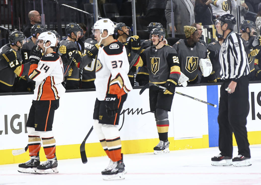 Golden Knights defenseman Nick Holden (22) celebrates his goal against the Anaheim Ducks during the second period of an NHL hockey game at T-Mobile Arena in Las Vegas on Wednesday, Nov. 14, 2018. ...