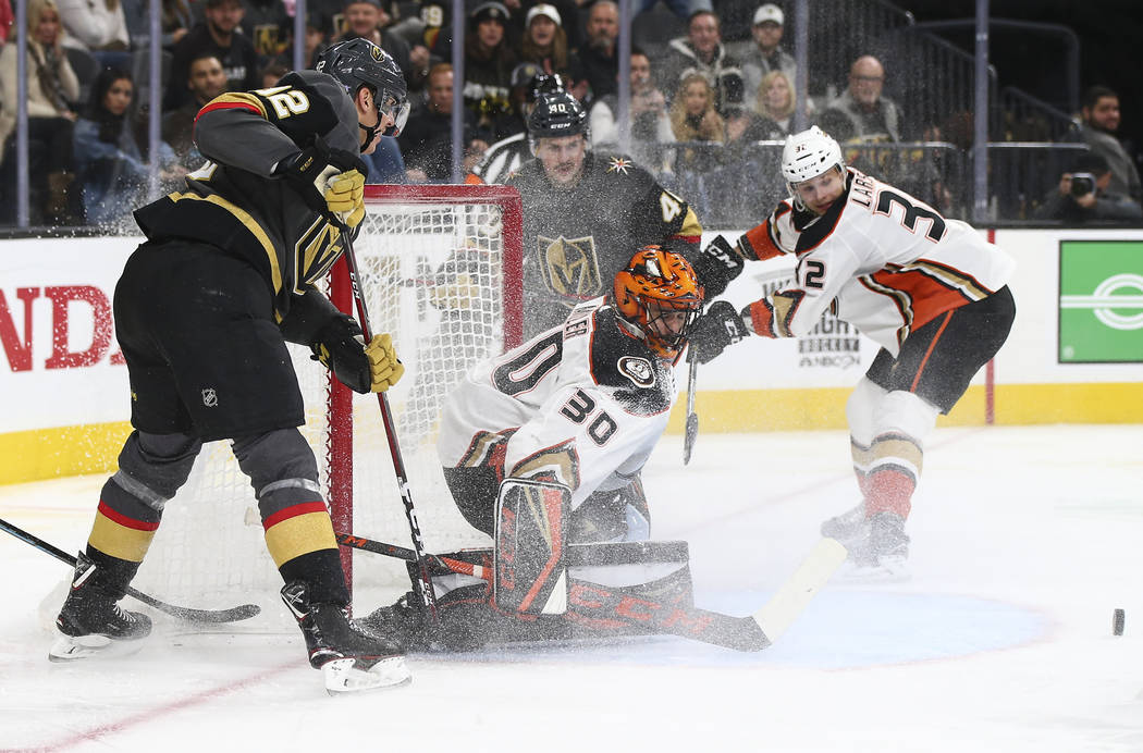 Anaheim Ducks goaltender Ryan Miller (30) defends the net seconds before a goal by Golden Knights right wing Tomas Hyka, not pictured, during the third period of an NHL hockey game at T-Mobile Are ...
