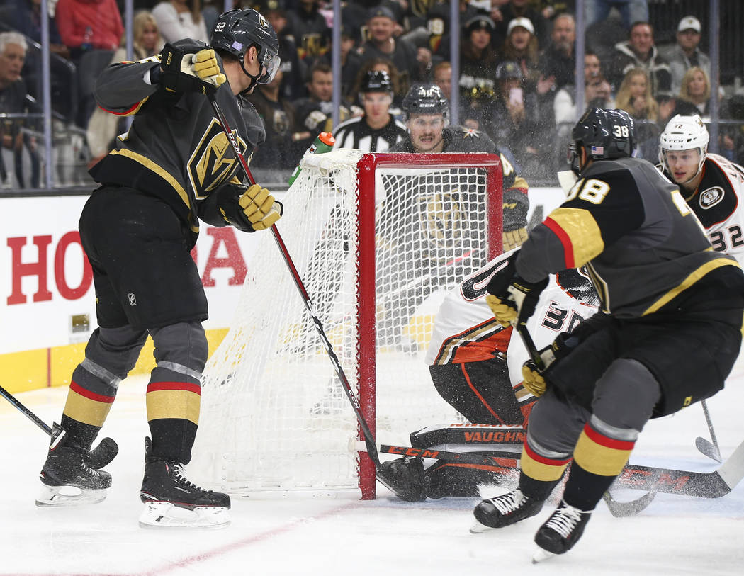 Golden Knights right wing Tomas Hyka (38) scores a goal past Anaheim Ducks goaltender Ryan Miller (30) during the third period of an NHL hockey game at T-Mobile Arena in Las Vegas on Wednesday, No ...