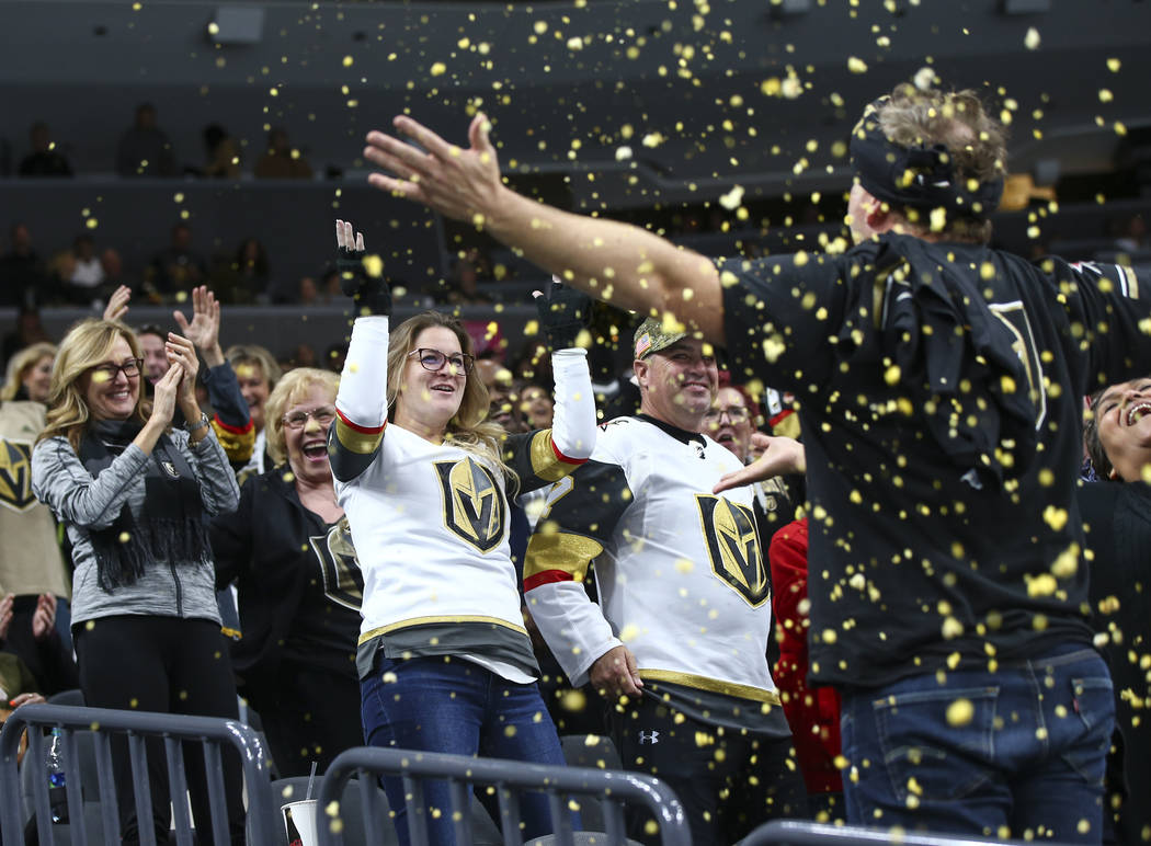 Golden Knights fans cheer during the third period of an NHL hockey game against the Anaheim Ducks at T-Mobile Arena in Las Vegas on Wednesday, Nov. 14, 2018. Chase Stevens Las Vegas Review-Journal ...