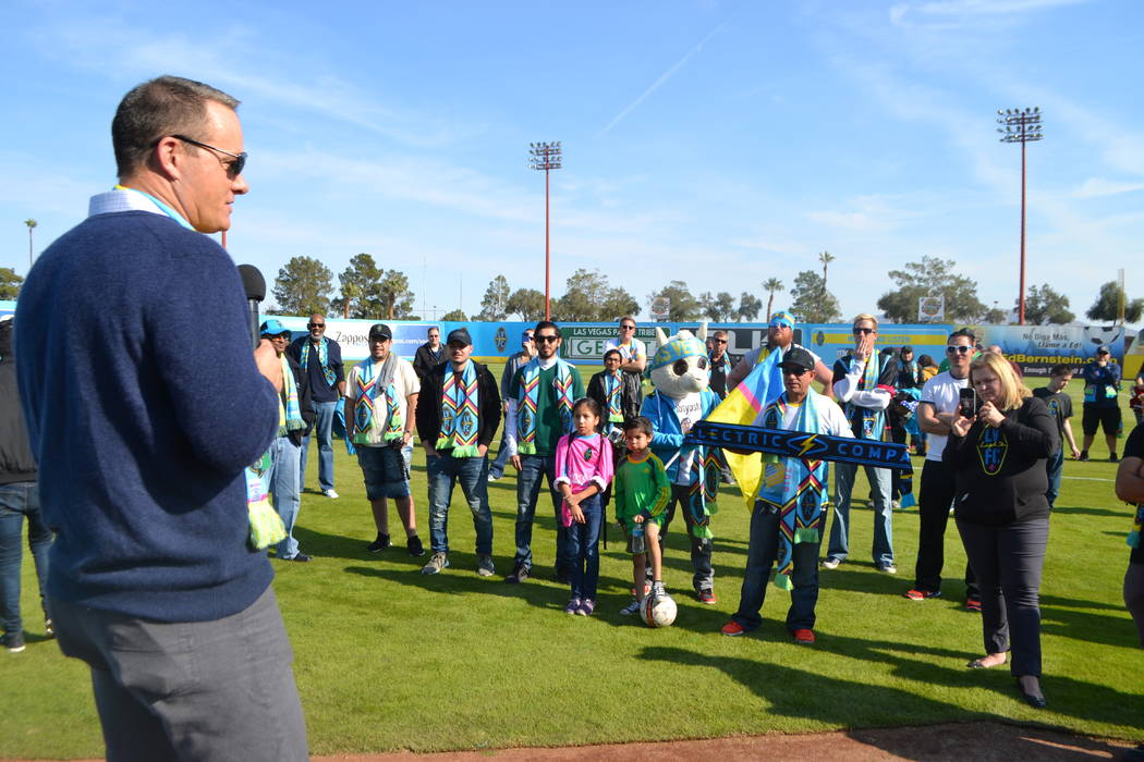 Las Vegas Lights FC coach Eric Wynalda talks to season-ticket purchasers at Cashman Field on Saturday, Nov. 17. The former soccer star lost his home on Nov. 9 in the deadly California wildfires. ( ...