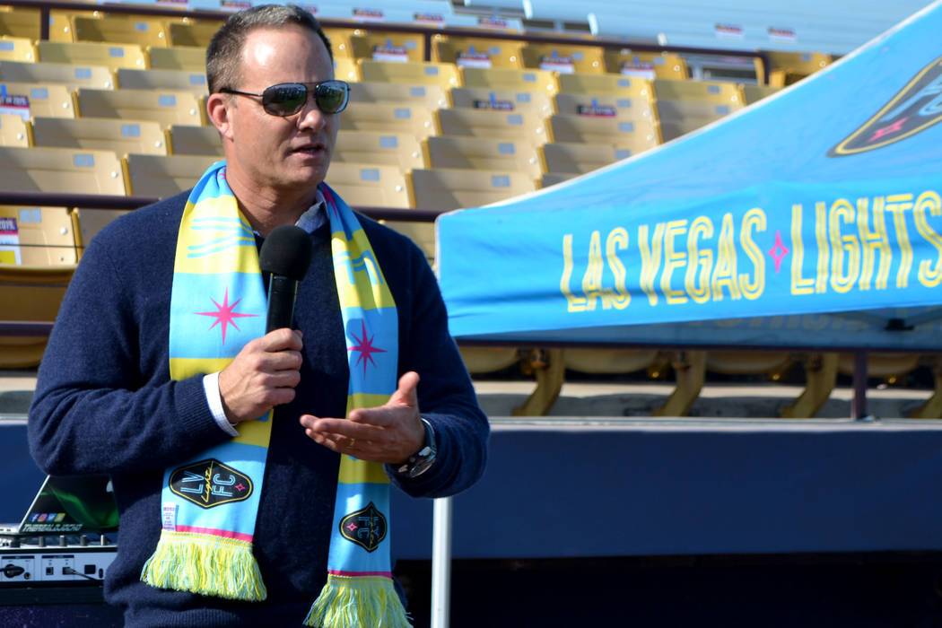 Las Vegas Lights FC coach Eric Wynalda talks to season-ticket purchasers at Cashman Field on Saturday, Nov. 17. The former soccer star lost his home on Nov. 9 in the deadly California wildfires. ( ...