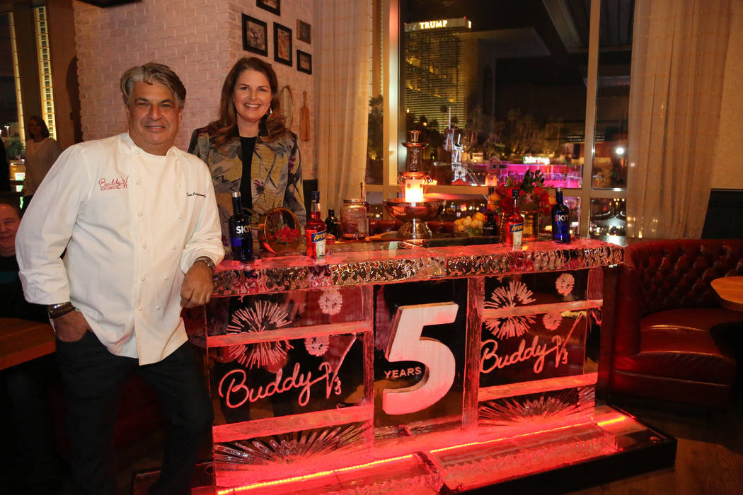 Las Vegas restauranteurs Kim Canteenwalla and Elizabeth Blau are shown at the fifth anniversary of Buddy V's at the Venetian's Grand Canal Shoppes on Thursday, Nov. 15, 2018. (Edison Graff)