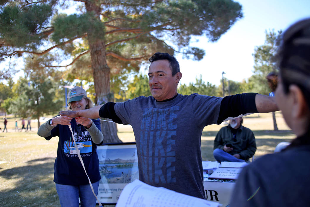 Jane Taylor checks what would be the wing span of Rupert Herrera while his family watches at a booth at Migratory Bird Day at Sunset Park in Las Vegas, Sunday, Nov. 18, 2018. Different organizatio ...