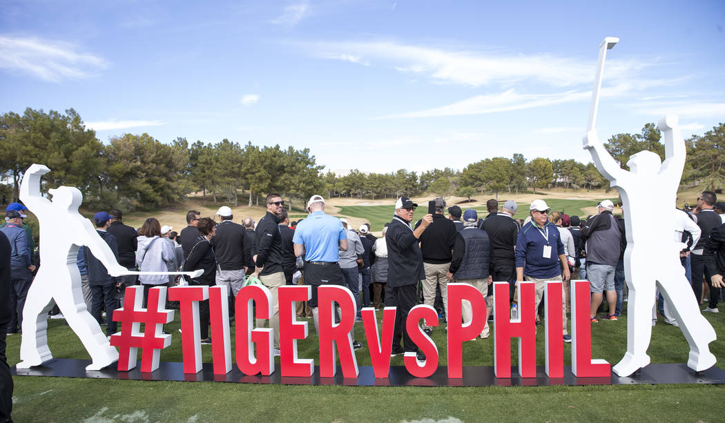 A Tiger vs Phil sign is seen ahead of The Match at Shadow Creek Golf Course in North Las Vegas on Friday, Nov. 23, 2018. Richard Brian Las Vegas Review-Journal @vegasphotograph