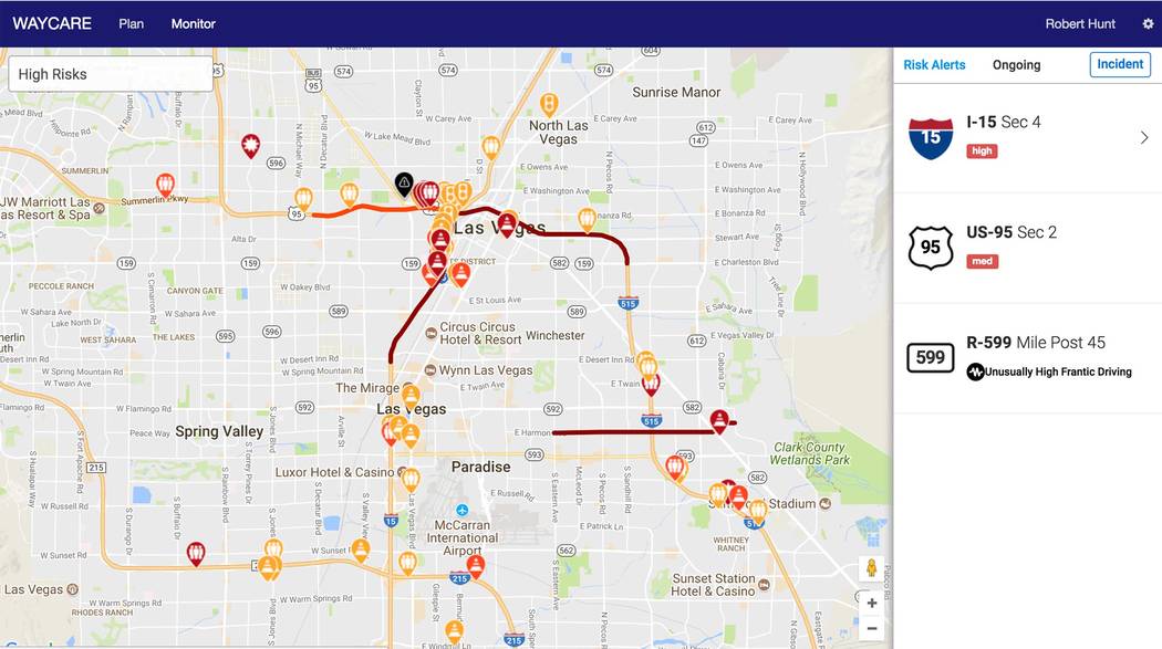A screenshot of the Waycare app shows roads with traffic characteristics described as high risk.