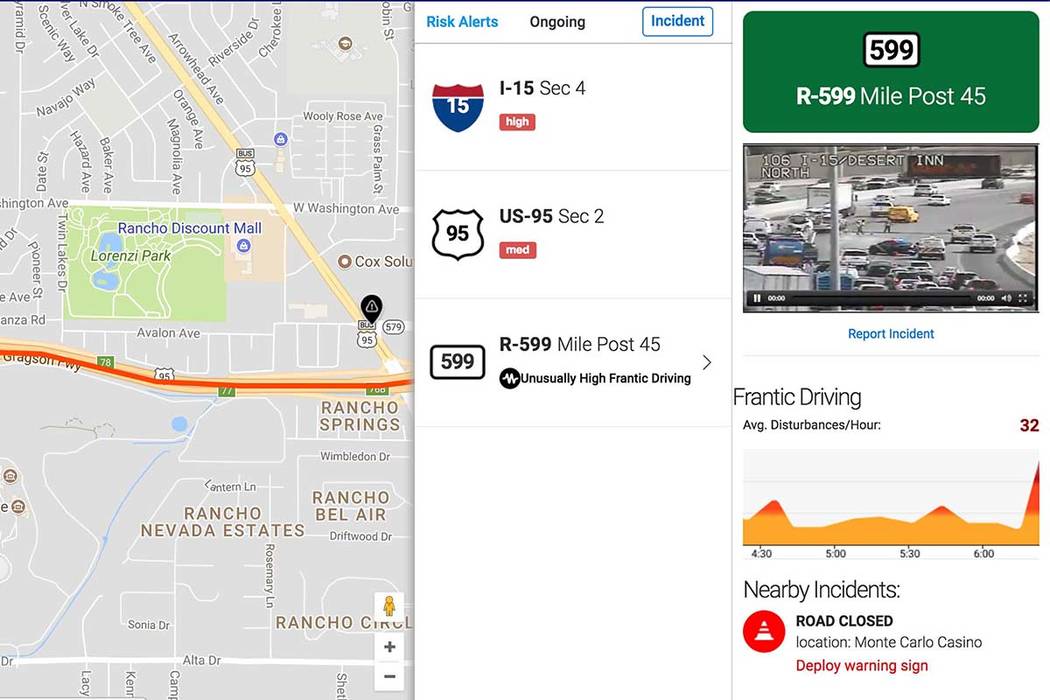 A screen shot from the Waycare app highlights a segment of U.S. Highway 95 west of the Spaghetti Bowl in Las Vegas.