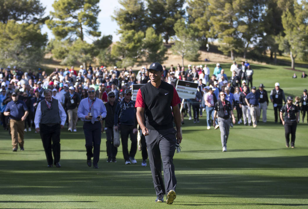 Tiger Woods walks the fourth fairway during The Match at Shadow Creek Golf Course in North Las Vegas on Friday, Nov. 23, 2018. Richard Brian Las Vegas Review-Journal @vegasphotograph