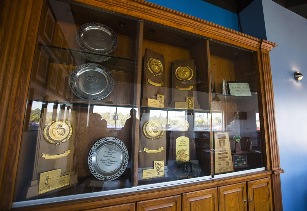 A variety of trophies, including four national championships, in the Cal State Fullerton baseball team clubhouse in Fullerton, Calif. on Wednesday, Oct. 31, 2018. Chase Stevens Las Vegas Review-Jo ...