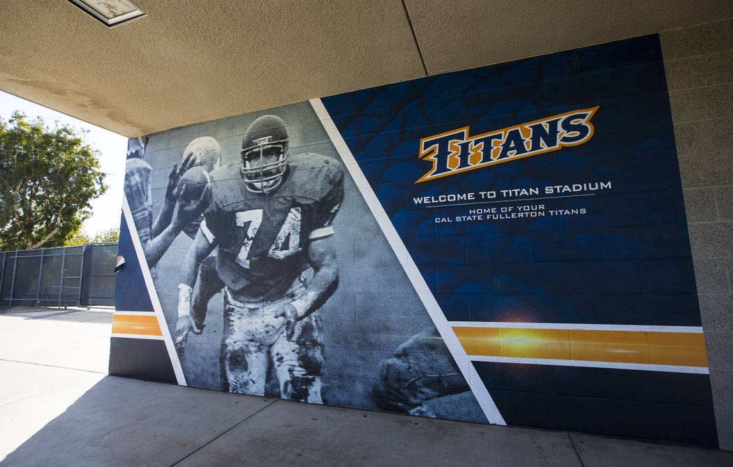 Historic photos of the former Titan football program displayed at Titan Stadium at Cal State Fullerton in Fullerton, Calif. on Wednesday, Oct. 31, 2018. Chase Stevens Las Vegas Review-Journal @css ...