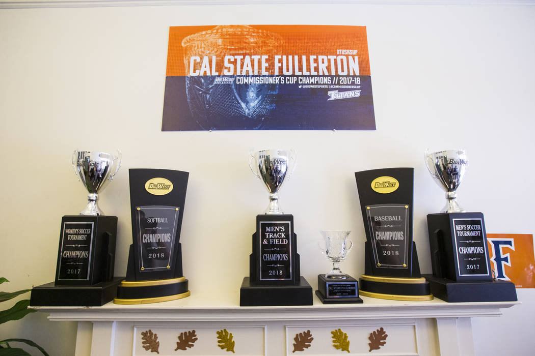 Big West conference trophies from a variety of athletic programs at Cal State Fullerton in Fullerton, Calif. on Wednesday, Oct. 31, 2018. Chase Stevens Las Vegas Review-Journal @csstevensphoto