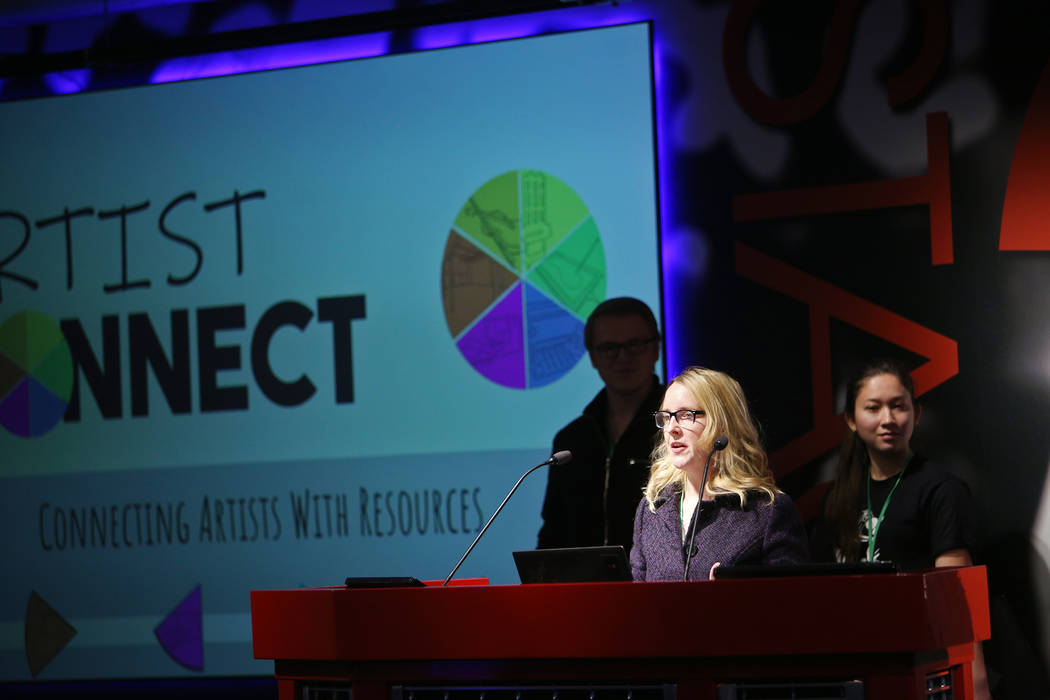 Andrea Cheaney delivers her team pitch for Artist Connect at the 2018 Techstars Startup Weekend at Rob Roy's Innevation Center in Las Vegas, Sunday, Nov. 18, 2018. With the help of entrepreneurial ...