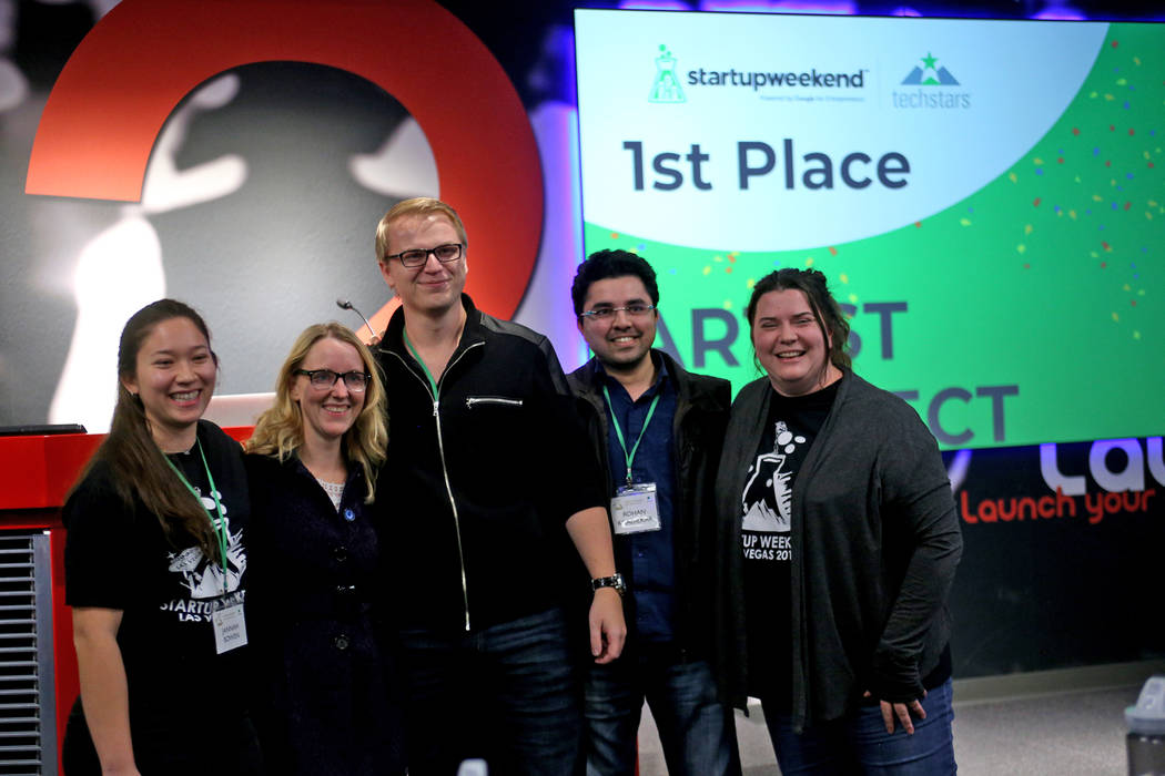 Members of the team Artist Connect, from left, Jannah Bowen, Andrea Cheaney, Tim Osterbuhr, Rohan Khadilkar, and Caren Keyes pose for a photo after winning first place at the 2018 Techstars Startu ...