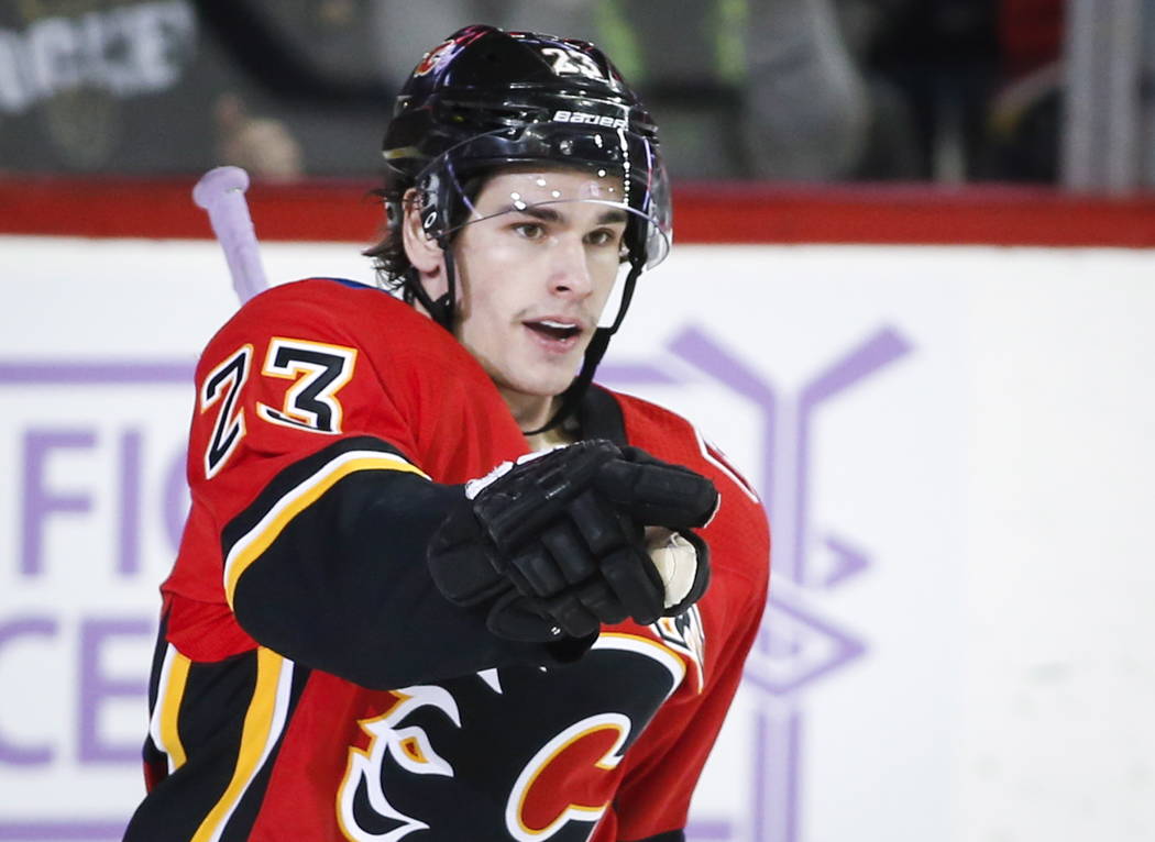 Calgary Flames' Sean Monahan celebrates his goal during first-period NHL hockey game action against the Vegas Golden Knights in Calgary, Alberta, Monday, Nov. 19, 2018. (Jeff McIntosh/The Canadian ...