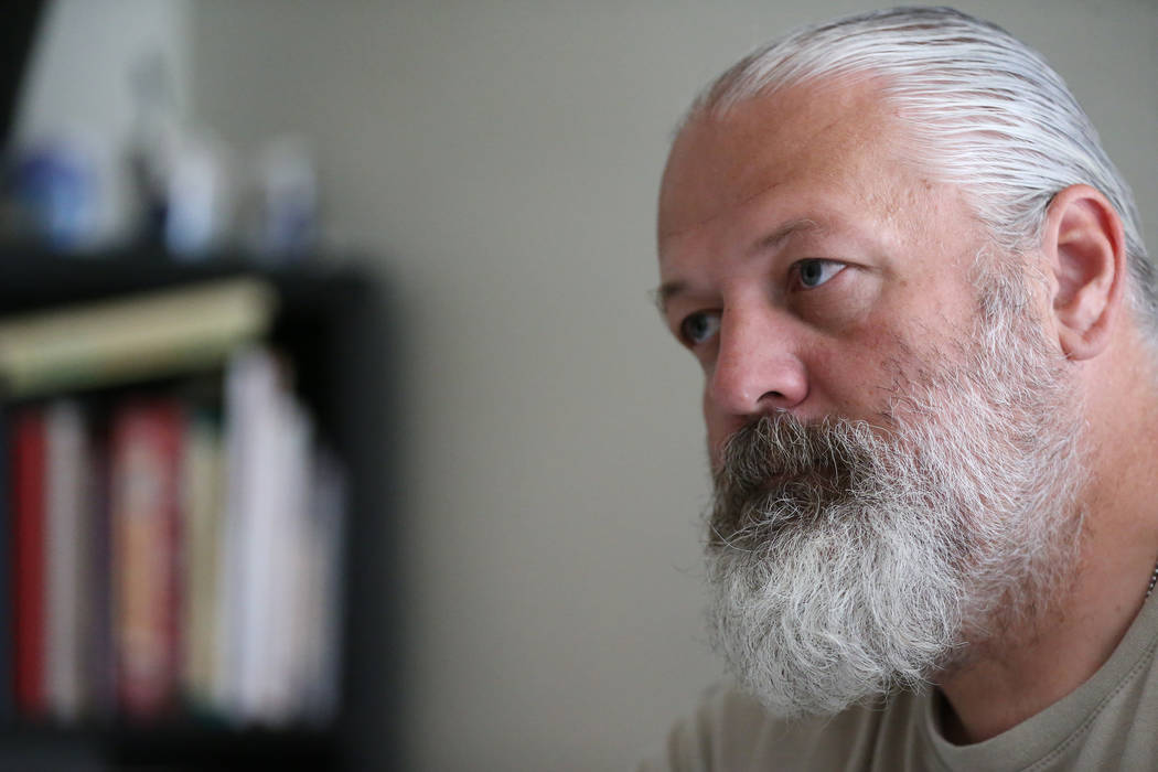 Heath Burkhalter is interviewed at his Las Vegas apartment, Thursday, Aug. 30, 2018. Burkhalter was displaced by one of the fires at the Solaire Apartments complex last year. (Erik Verduzco/Las Ve ...