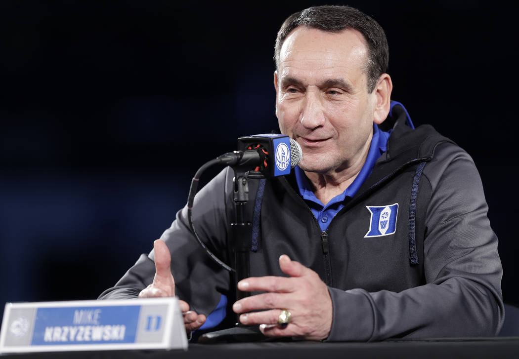 Duke head coach Mike Krzyzewski speaks to the media during a news conference at the Atlantic Coast Conference NCAA college basketball media day in Charlotte, N.C., Wednesday, Oct. 24, 2018. (AP Ph ...