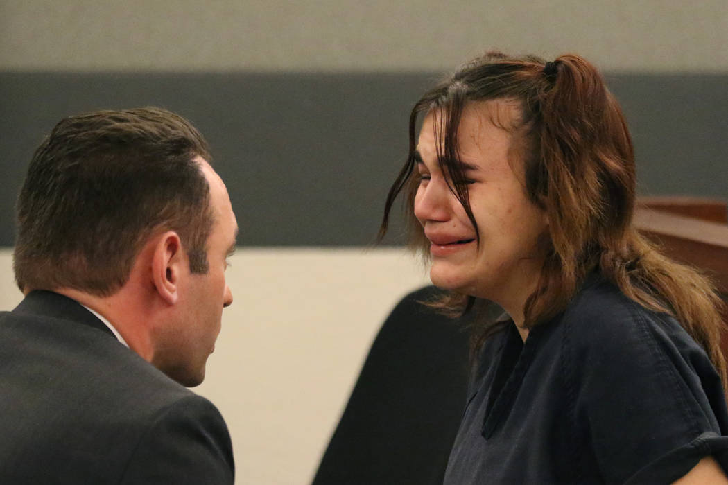 Aylin Alderette, 25, is comforted by her attorney during her sentencing at the Regional Justice Center on Wednesday Nov. 21, 2018, in Las Vegas. Alderette pleaded guilty to charges of second-degre ...