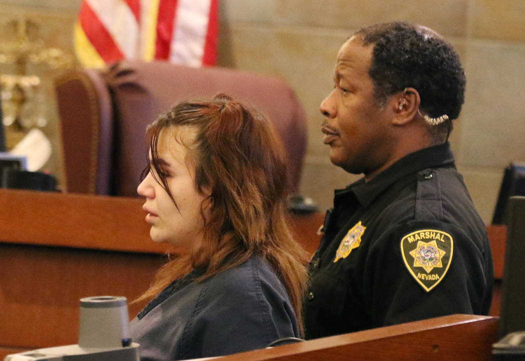 Aylin Alderette, 25, led out of the court room after being sentenced at the Regional Justice Center on Wednesday Nov. 21, 2018, in Las Vegas. Alderette pleaded guilty to charges of second-degree m ...
