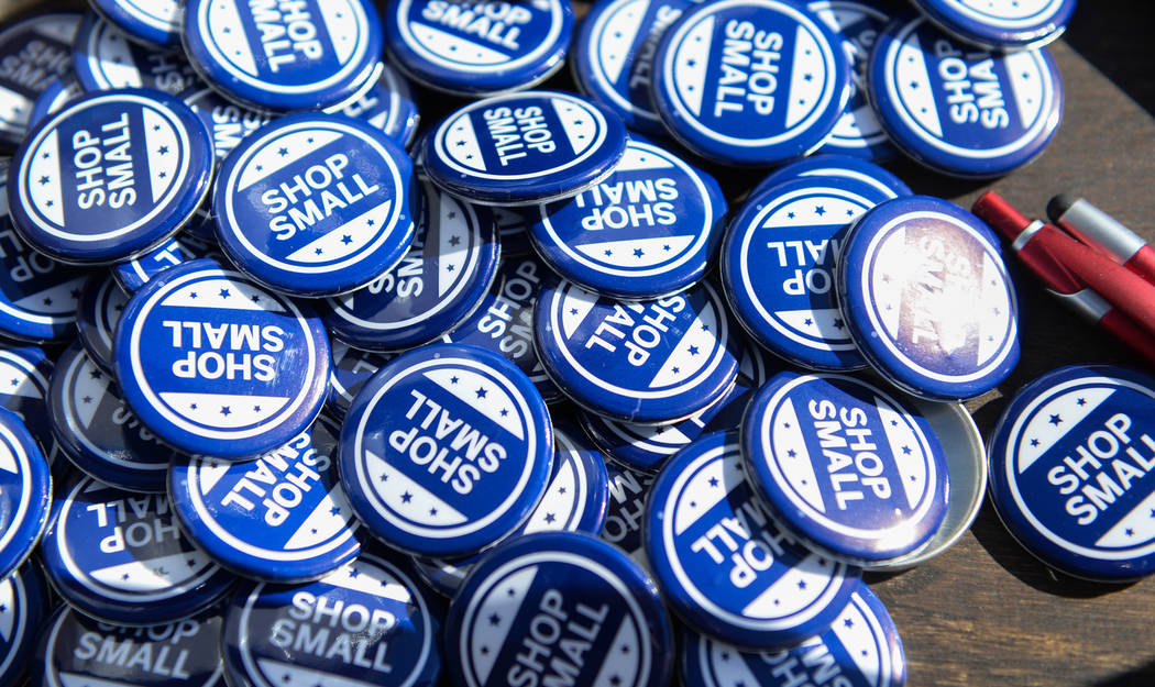 Shop small buttons are on display for attendees to take during Shop Small Henderson in Henderson, Saturday, Nov. 24, 2018. Caroline Brehman/Las Vegas Review-Journal