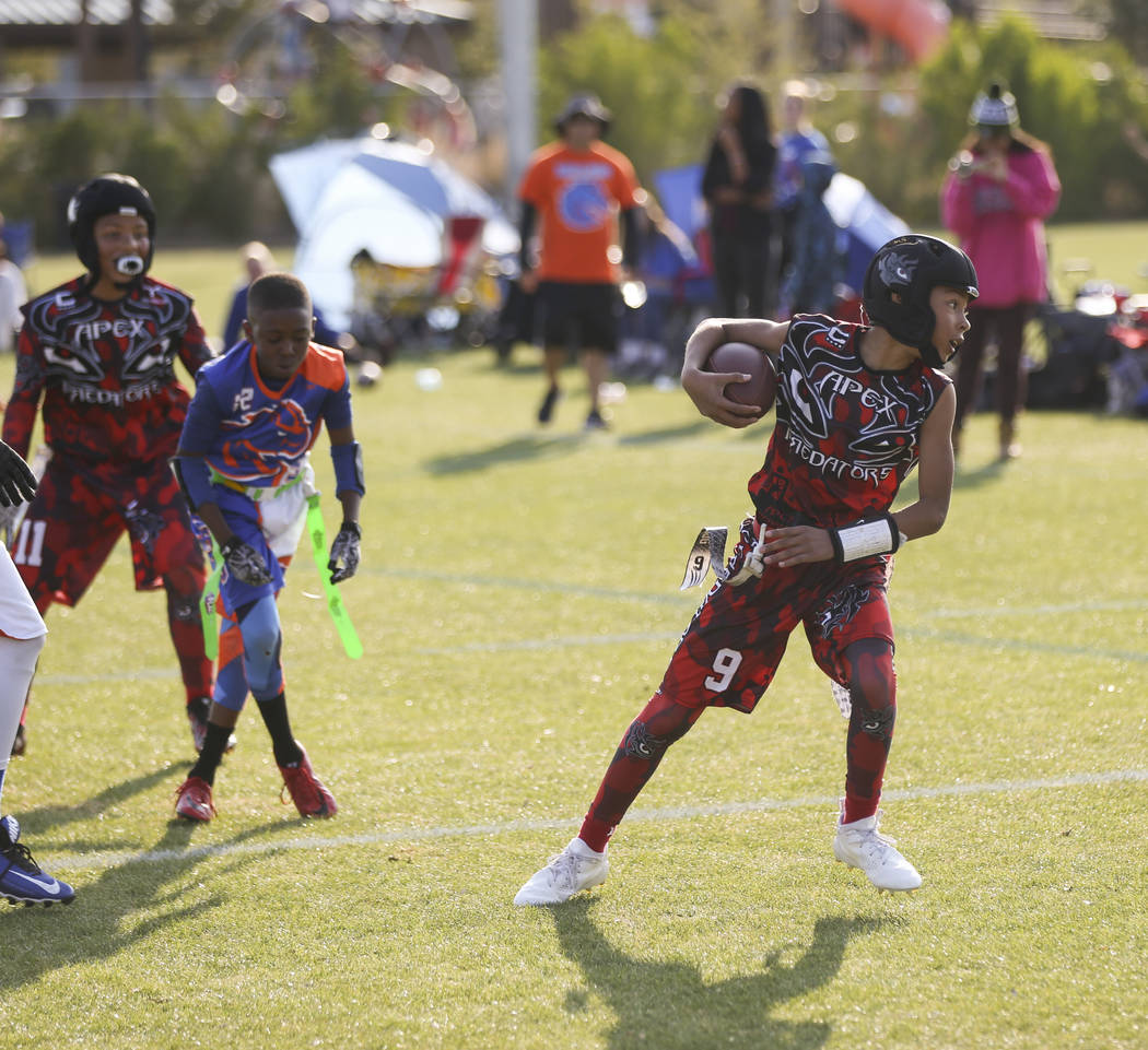 Apex Predators' Kory Villarreal makes it to the end zone to score a touchdown against the Ballers during a National Youth Sports Nevada flag football game at Aventura Park in Henderson on Saturday ...