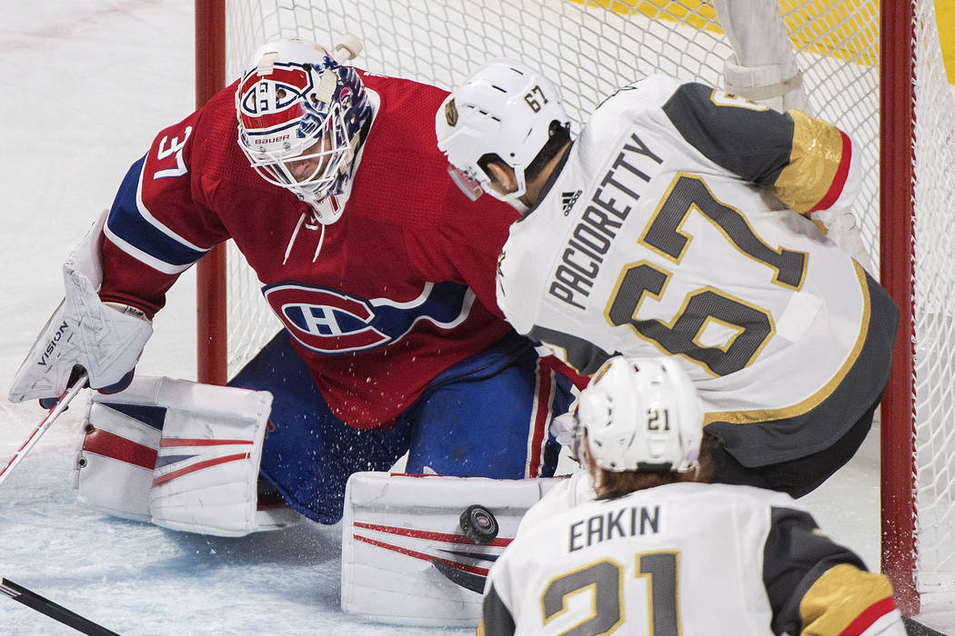 Vegas Golden Knights' Max Pacioretty takes a shot on Montreal Canadiens goaltender Antti Niemi during the first period of an NHL hockey game, Saturday, Nov. 10, 2018 in Montreal. (Graham Hughes/Th ...
