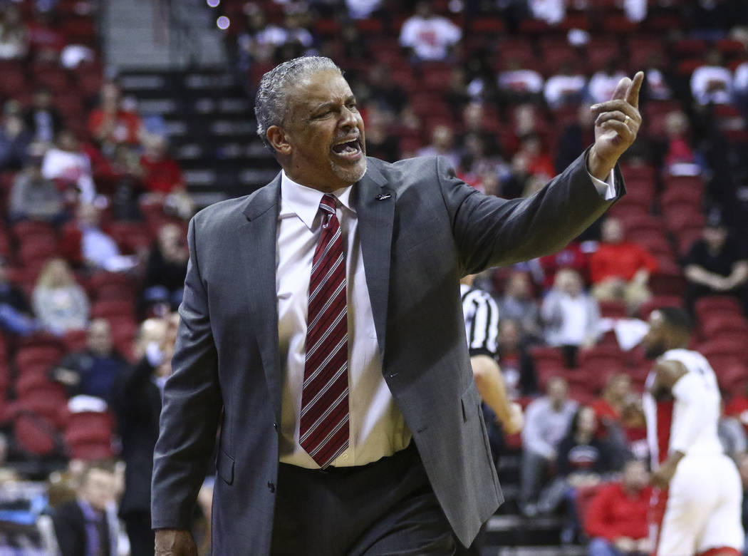 UNLV head coach Marvin Menzies reacts during a basketball game against Utah State at the Thomas & Mack Center in Las Vegas on Wednesday, March 1, 2017. UNLV won 66-59, ending their nine-game l ...