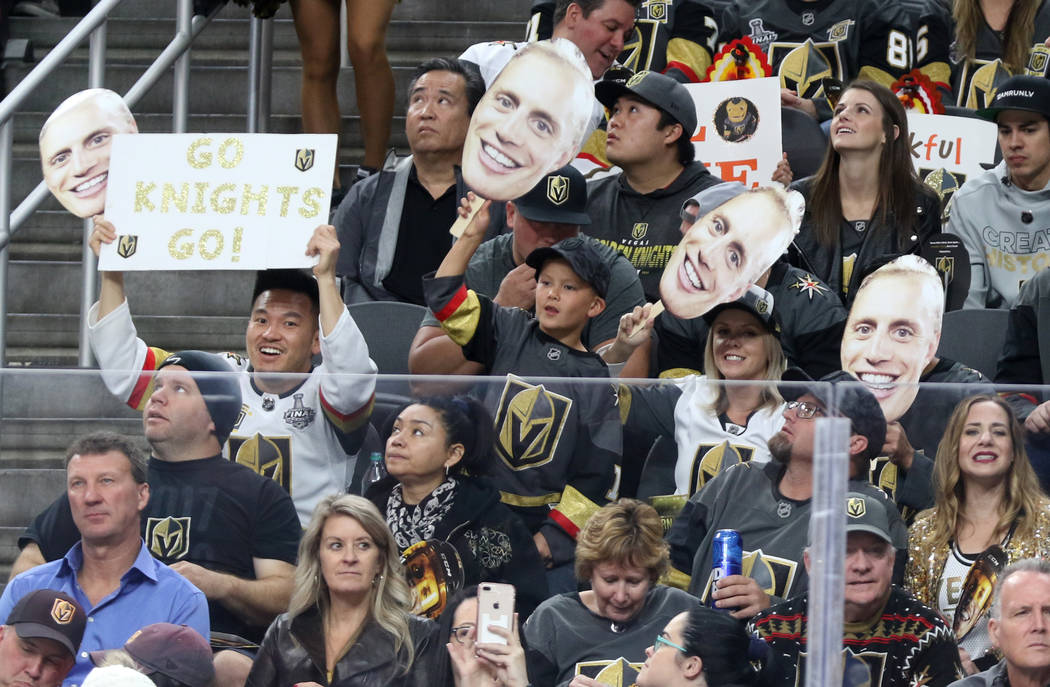 Vegas Golden Knights fans welcome Nate Schmidt (88), not pictured back to T-Mobile Arena during the first period of an NHL game against the Calgary Flames in Las Vegas, Friday, Nov. 23, 2018. Heid ...