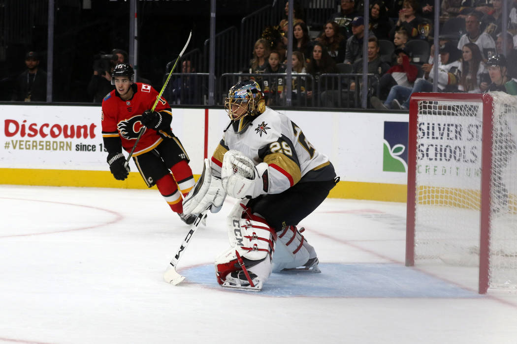 Vegas Golden Knights goaltender Marc-Andre Fleury (29) protects the net during the second period of an NHL game against the Calgary Flames in Las Vegas, Friday, Nov. 23, 2018. Heidi Fang Las Vegas ...