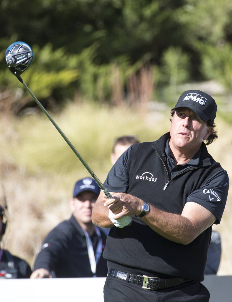 Phil Mickelson hits from the fourth tee box during The Match at Shadow Creek Golf Course in North Las Vegas on Friday, Nov. 23, 2018. Richard Brian Las Vegas Review-Journal @vegasphotograph