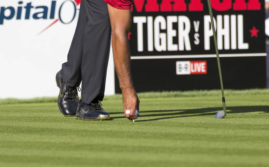 Tiger Woods prepares to hit from the fifth tee box during The Match at Shadow Creek Golf Course in North Las Vegas on Friday, Nov. 23, 2018. Richard Brian Las Vegas Review-Journal @vegasphotograph