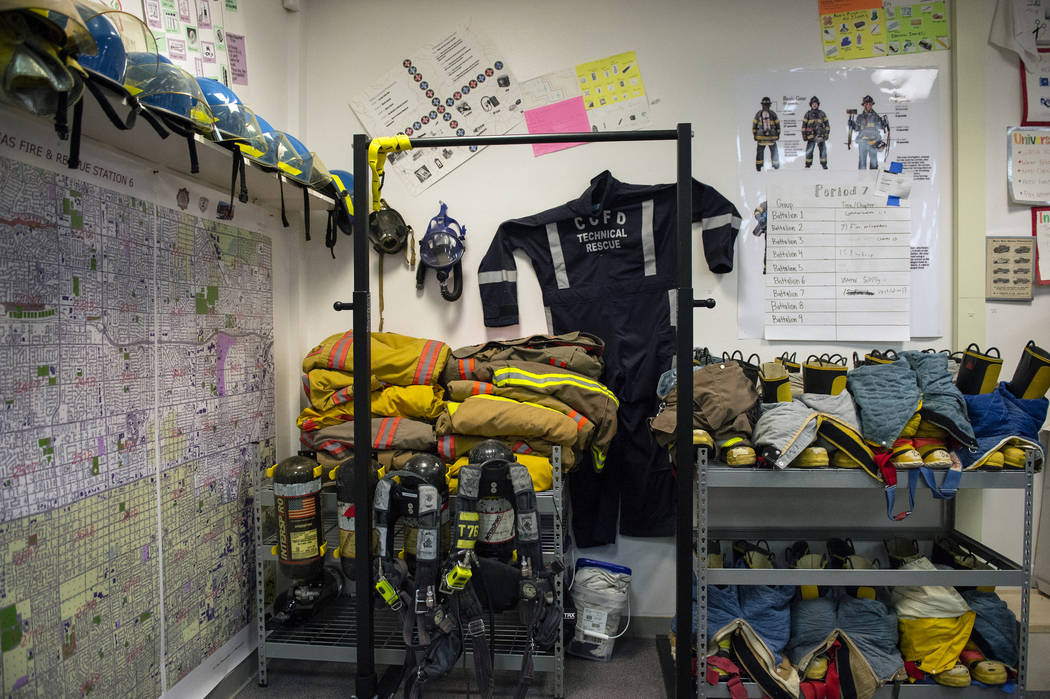 Fire fighter equipment lines the back corner of the classroom for students at Bonanza High School Fire Science Academy at Bonanza High School in Las Vegas, Thursday, Oct. 11, 2018. Caroline Brehma ...