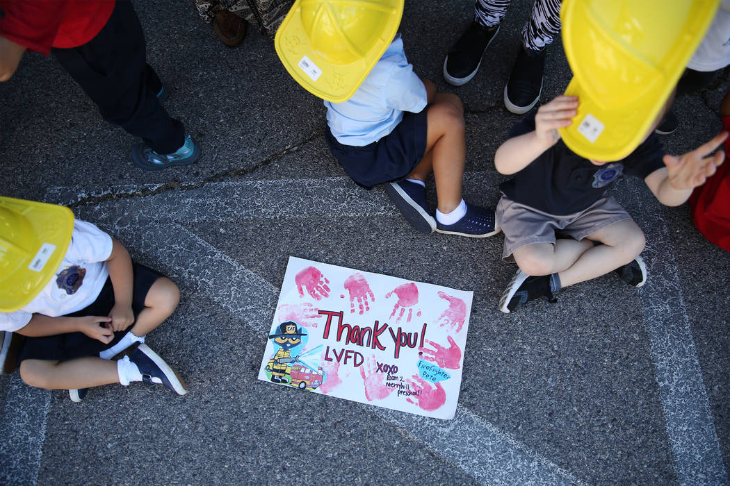 A drawing made by children for Clark County Fire Department firefighters during a fire awareness visit at Merryhill Preschool, 5055 S. Durango Dr., in Las Vegas, Wednesday, Oct. 24, 2018. Erik Ver ...