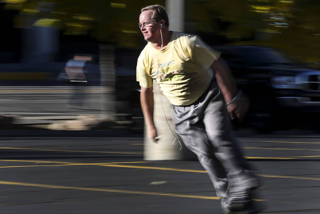 Reid Cornish gathers speed during his daily, morning in-line skating performance in downtown Salt Lake City in October 2018. (Steve Griffin/The Deseret News via AP)