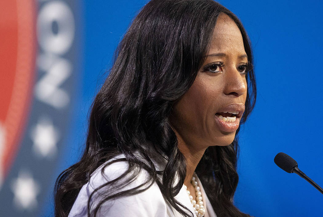U.S. Rep. Mia Love answers a question as she and Salt Lake County Mayor Ben McAdams participate in a debate in Sandy, Utah, in October 2018. (Scott G Winterton/Deseret News, via AP)