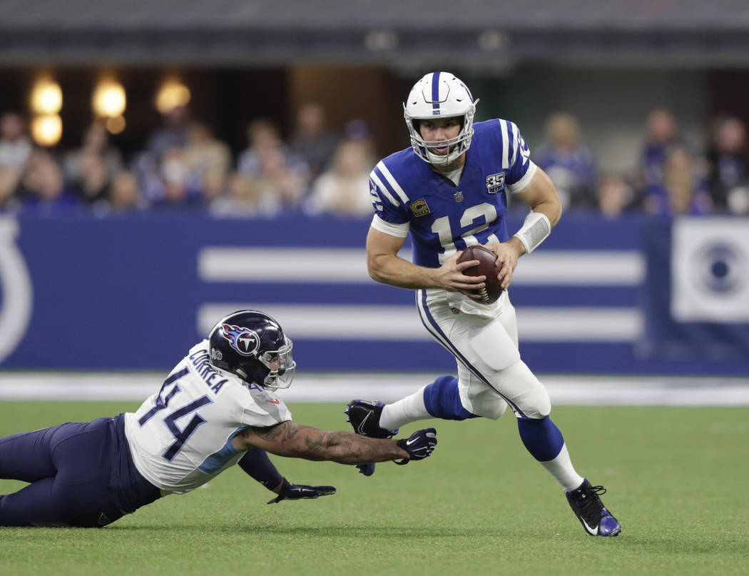 Indianapolis Colts quarterback Andrew Luck (12) runs past Tennessee Titans' Kamalei Correa (44) during the second half of an NFL football game, Sunday, Nov. 18, 2018, in Indianapolis. (AP Photo/Mi ...