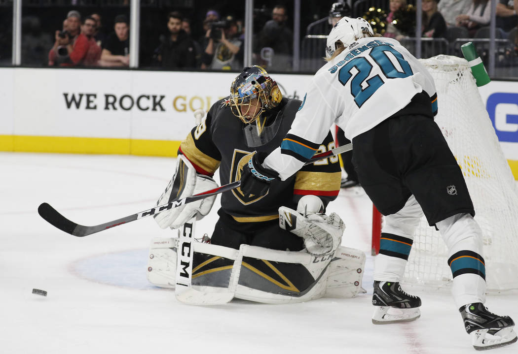 San Jose Sharks left wing Marcus Sorensen (20) attempts a shot on Vegas Golden Knights goaltender Marc-Andre Fleury (29) during the third period of an NHL hockey game Saturday, Nov. 24, 2018, in L ...