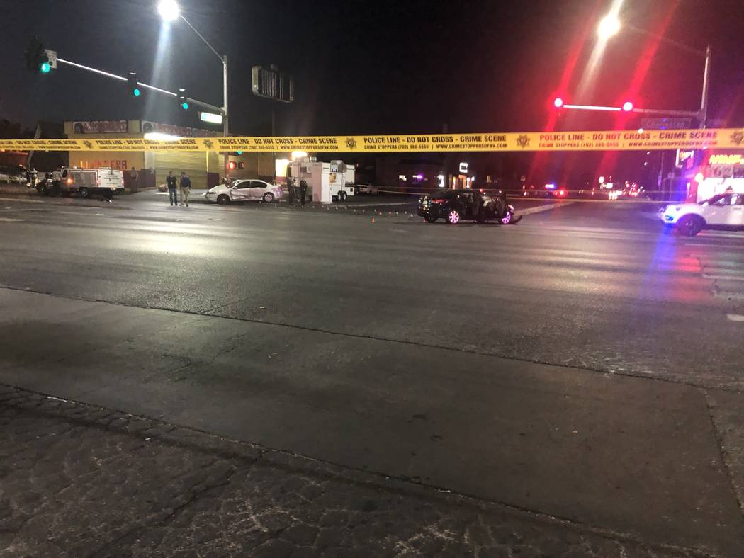 A crash near downtown Las Vegas at about 1:15 p.m. Saturday, November 24, 2018, left a pedestrian with life-threatening injuries. The man's dog was also hit and died at the scene, Las Vegas police ...