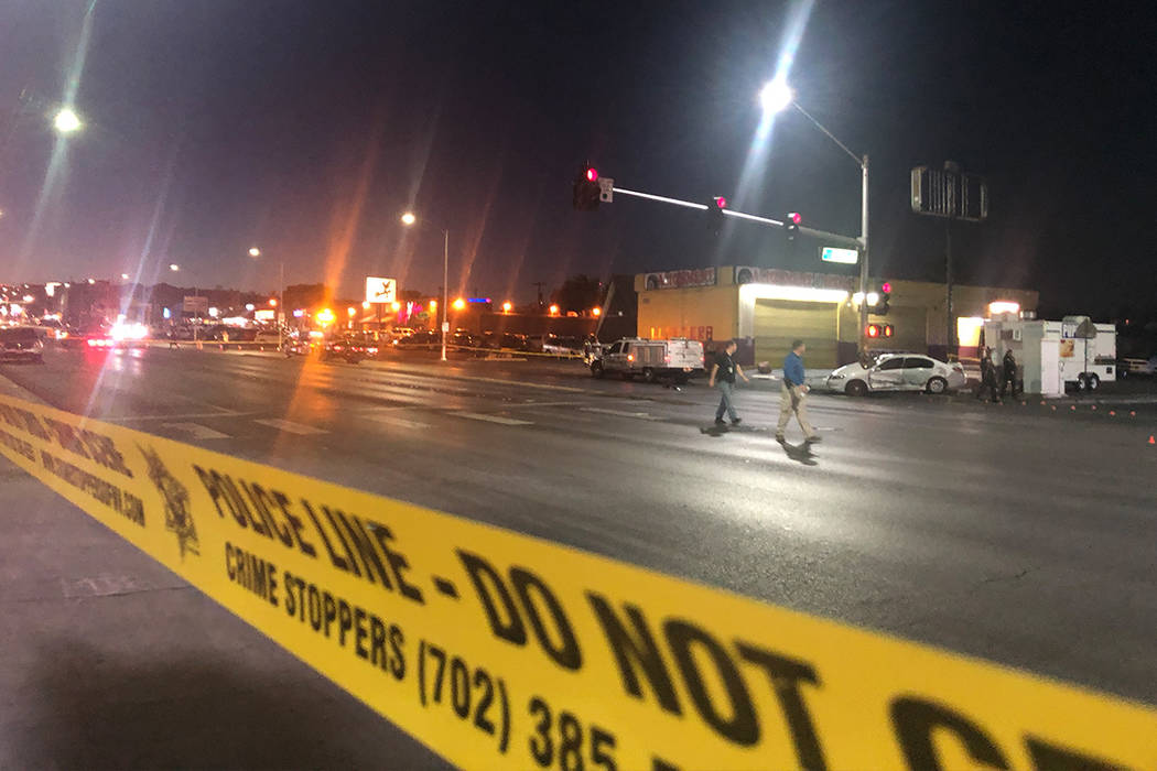A crash near downtown Las Vegas at about 1:15 p.m. Saturday, November 24, 2018, left a pedestrian with life-threatening injuries. The man's dog was also hit and died at the scene, Las Vegas police ...