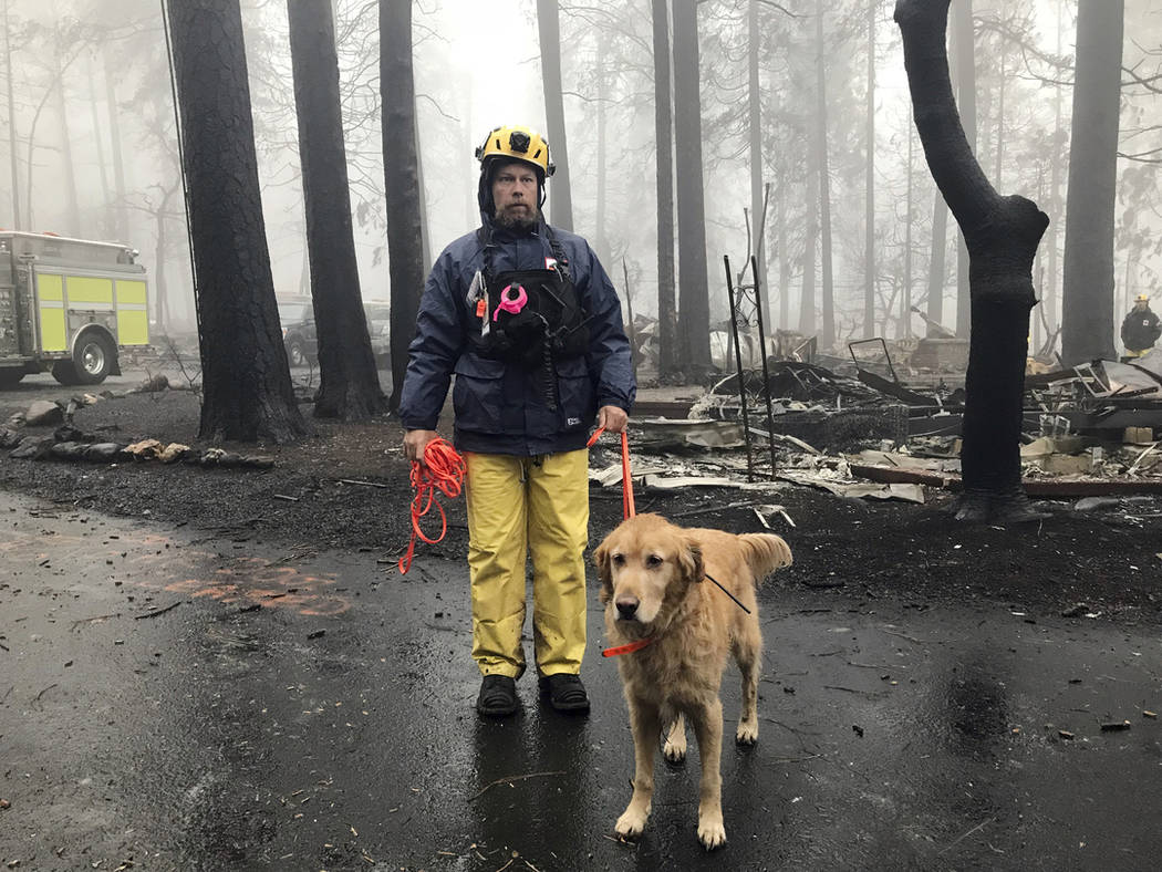 Eric Darling and his dog Wyatt are part of a search team from Orange County in Southern California who are among several teams conducting a second search of a mobile home park after the deadly Cam ...