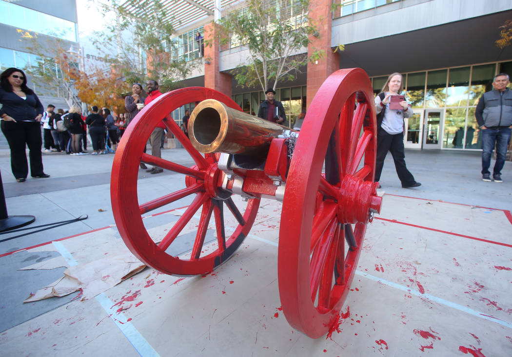 The Fremont Cannon is displayed after being painted red outside of the Student Union at UNLV on Monday, Nov, 26, 2019, in celebration of UNLV's football team victory against in-state rival the Uni ...