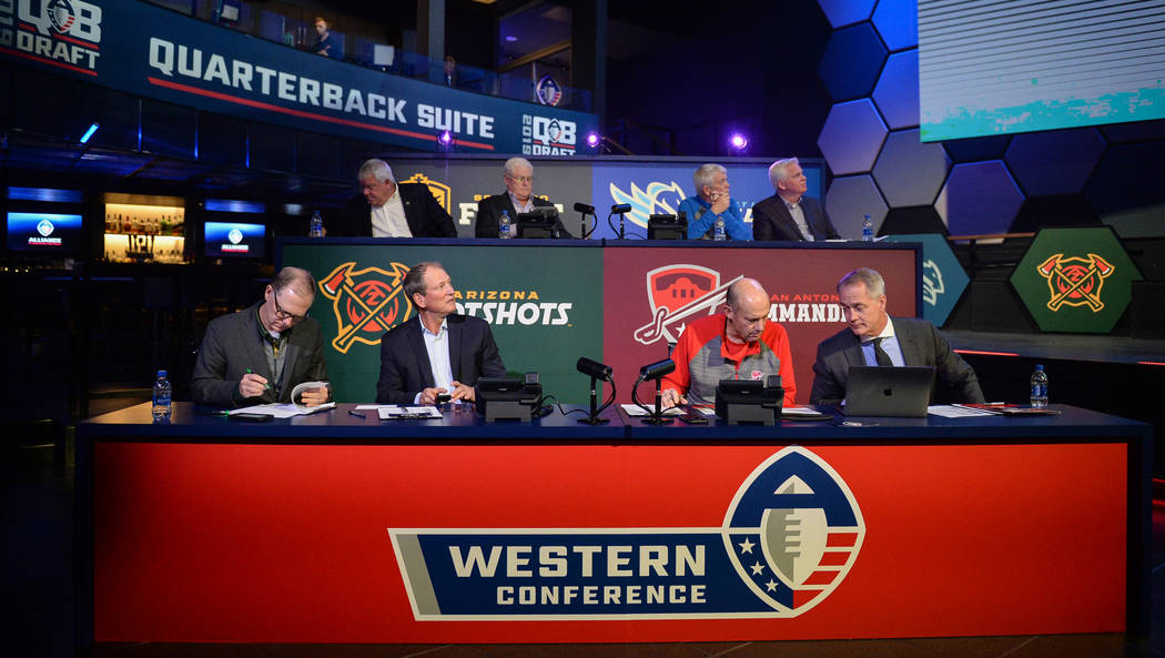The Western Conference coaches watch as picks are made during the Alliance of America Football (AAF) Quarterback Draft at the Luxor in Las Vegas, Tuesday, Nov. 27, 2018. Caroline Brehman/Las Vegas ...