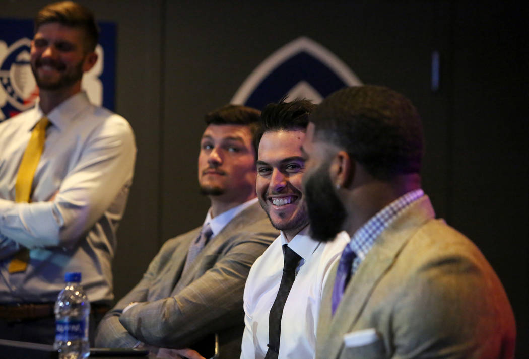 Mike Bercovici waits with the other football quarterbacks during the Alliance of America Football (AAF) Quarterback Draft at the Luxor in Las Vegas, Tuesday, Nov. 27, 2018. Caroline Brehman/Las Ve ...