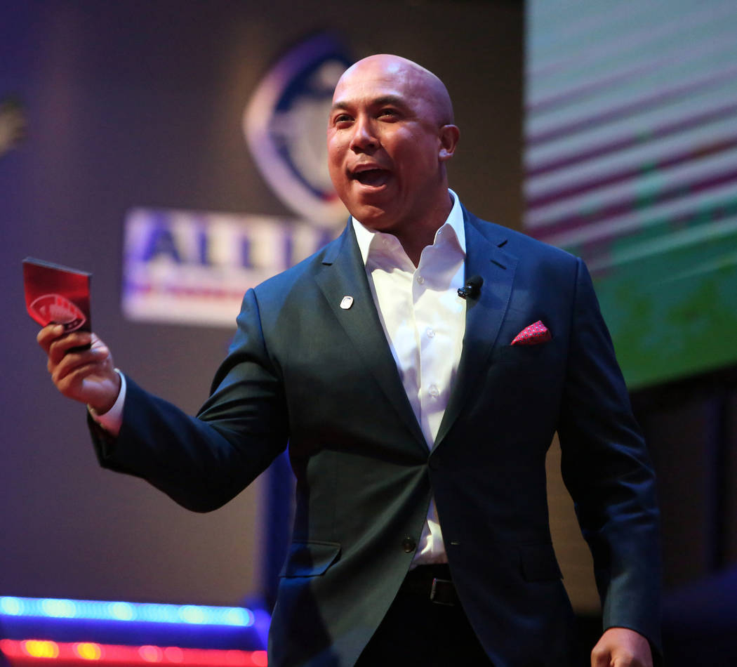 Former Pittsburgh player Hines Ward speaks on stage during the Alliance of America Football (AAF) Quarterback Draft at the Luxor in Las Vegas, Tuesday, Nov. 27, 2018. Caroline Brehman/Las Vegas Re ...