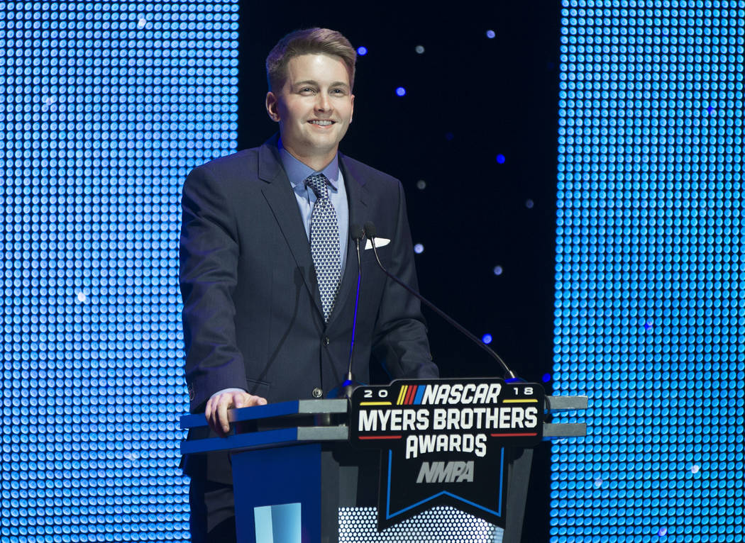 William Byron addresses the crowd after receiving the Rookie of the Year award during the NASCAR NMPA Myers Brothers Awards at Encore Theater on Wednesday, Nov. 28, 2018, at Wynn Las Vegas, in Las ...