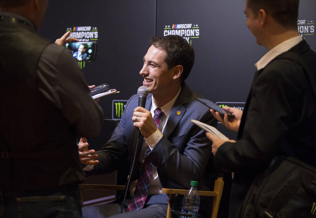 Driver Joey Logano, middle, speaks to the media after the NASCAR NMPA Myers Brothers Awards at Encore Theater on Wednesday, Nov. 28, 2018, at Wynn Las Vegas, in Las Vegas. Benjamin Hager Las Vegas ...