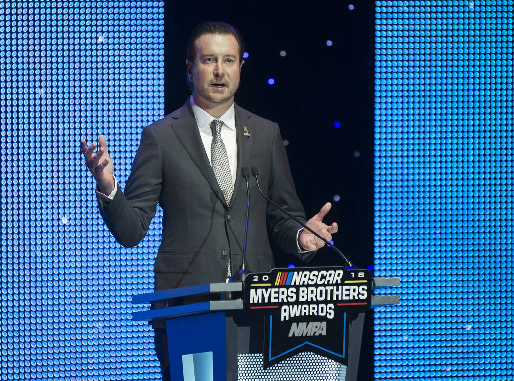 Kurt Busch addresses the crowd after receiving the Pole Award at the NASCAR NMPA Myers Brothers Awards at Encore Theater on Wednesday, Nov. 28, 2018, at Wynn Las Vegas, in Las Vegas. Benjamin Hage ...