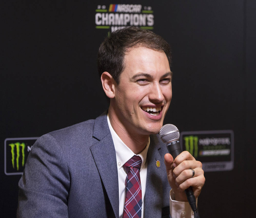 Driver Joey Logano speaks to the media after the NASCAR NMPA Myers Brothers Awards at Encore Theater on Wednesday, Nov. 28, 2018, at Wynn Las Vegas, in Las Vegas. Benjamin Hager Las Vegas Review-J ...