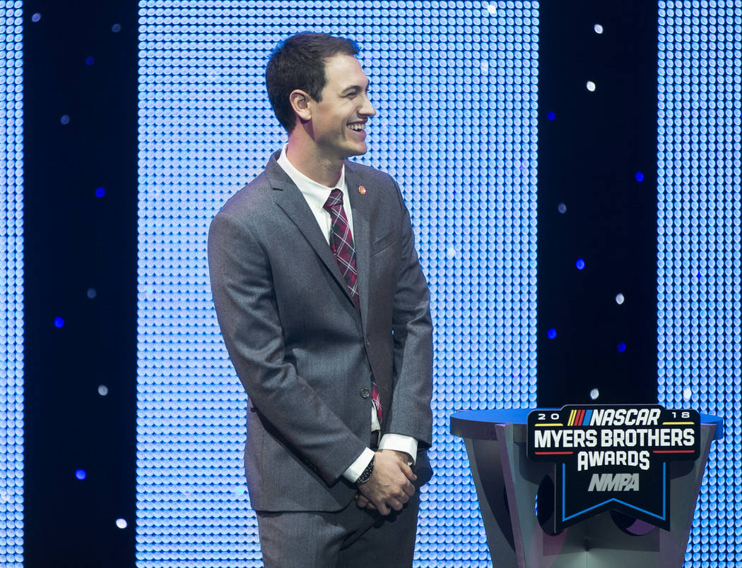 Joey Logano shares a laugh with the audience after receiving the Diamond Performance Award during the NASCAR NMPA Myers Brothers Awards at Encore Theater on Wednesday, Nov. 28, 2018, at Wynn Las V ...